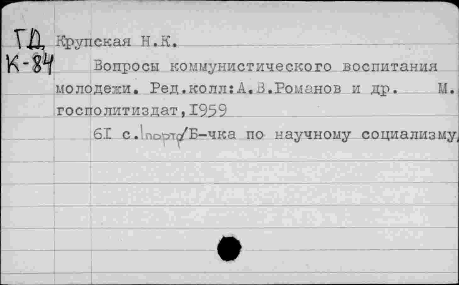 ﻿Крупская И. К._____
Вопросы коммунистического воспитания молодежи. Ред.колл:А.В.Романов и др. И. госполитиздат,1959
61 с.1пор-г^/Б-чка по научному социализму